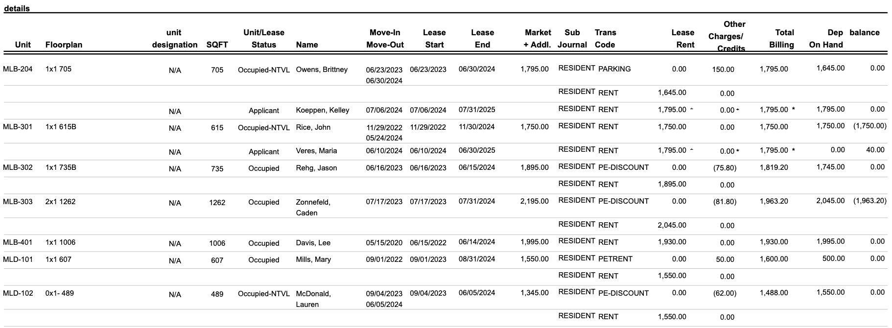 Rent Roll Screenshot